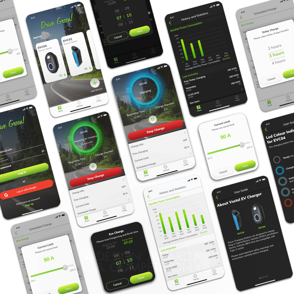 Drive Green Electric Vehicle Charger App by Vestel UX and UI Design Group Bronze Interface, Interaction and User Experience Design Award Winner 2021 