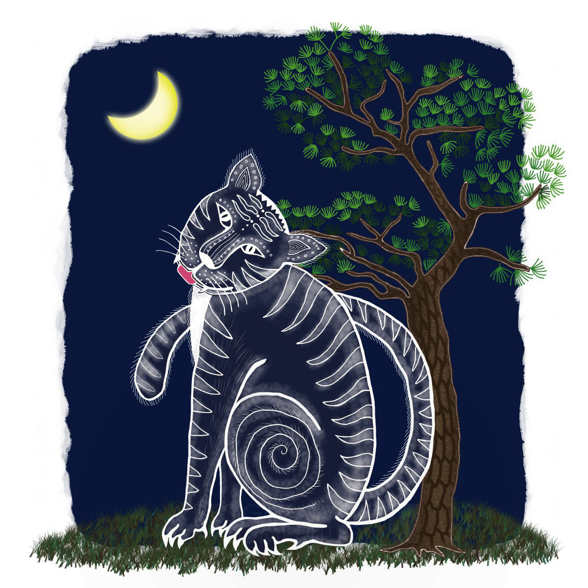Moonlight Tiger <b>Graphic Folk Painting