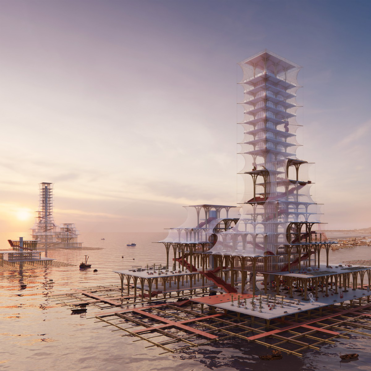 Renyi Zhang wins Iron at the prestigious A' Futuristic Design Award with Sea Sync Community Vertical Fishery Eco Village.