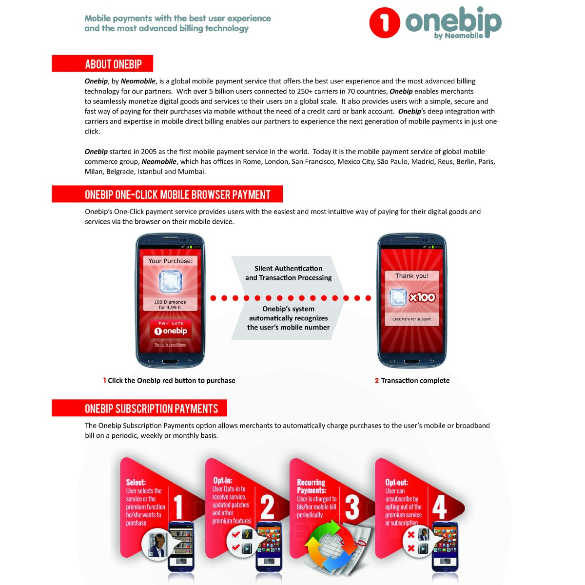 Platinum Winner. Onebip one-click mobile payment solution by Neomobile