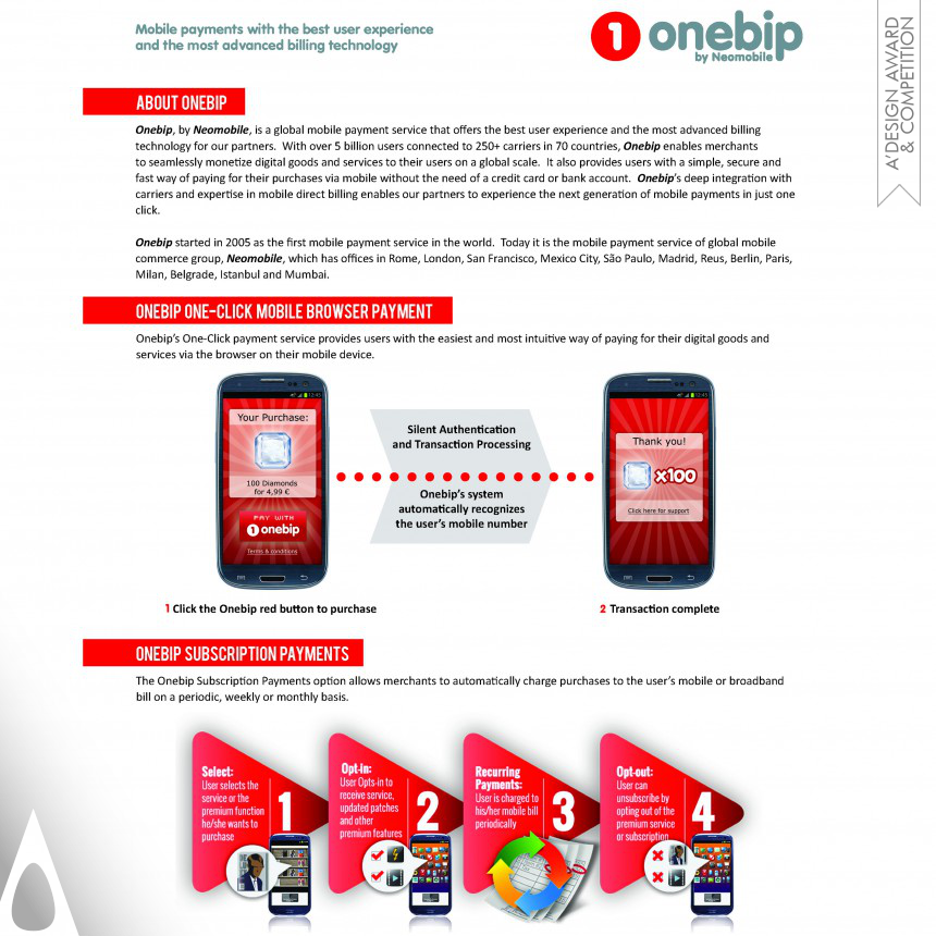 Platinum Winner. Onebip one-click mobile payment solution by Neomobile
