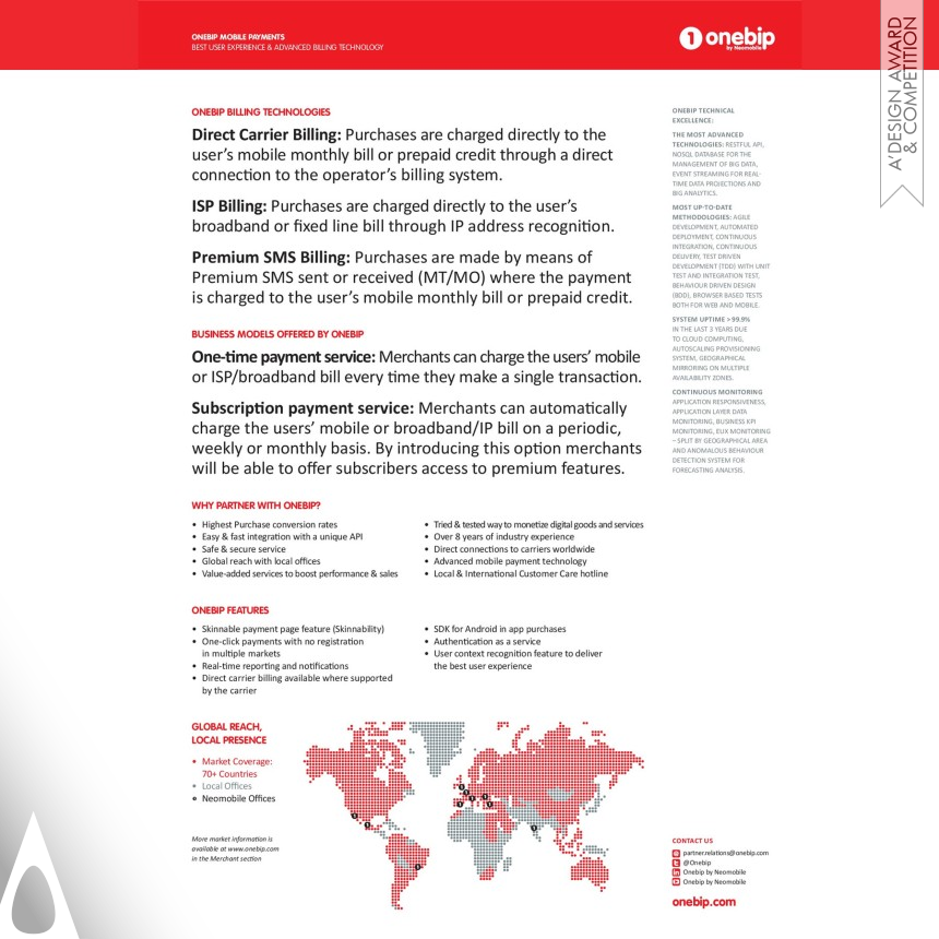 Onebip Carrier Billing Technology - Golden Mobile Technologies, Applications and Software Design Award Winner