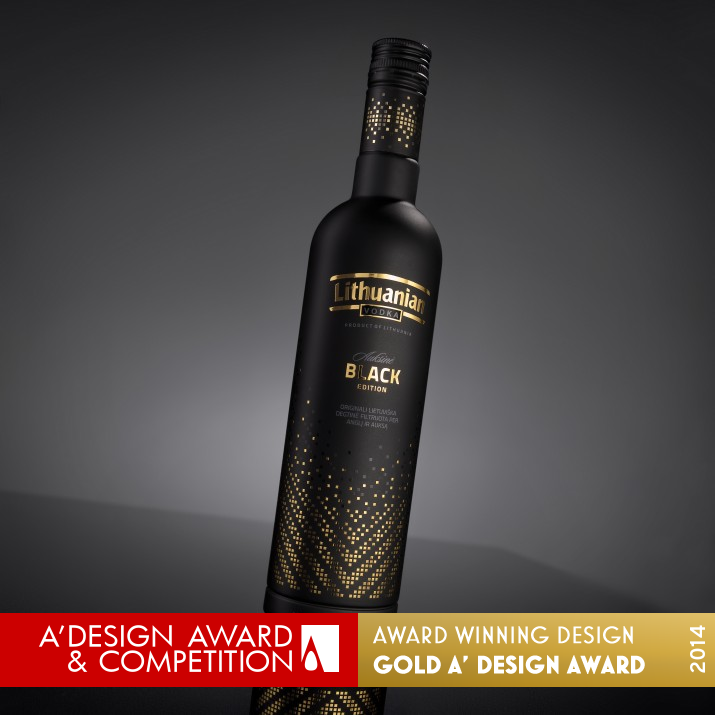 Lithuanian vodka Gold. Black Edition Bottle decor by Studija Creata Golden Packaging Design Award Winner 2014 
