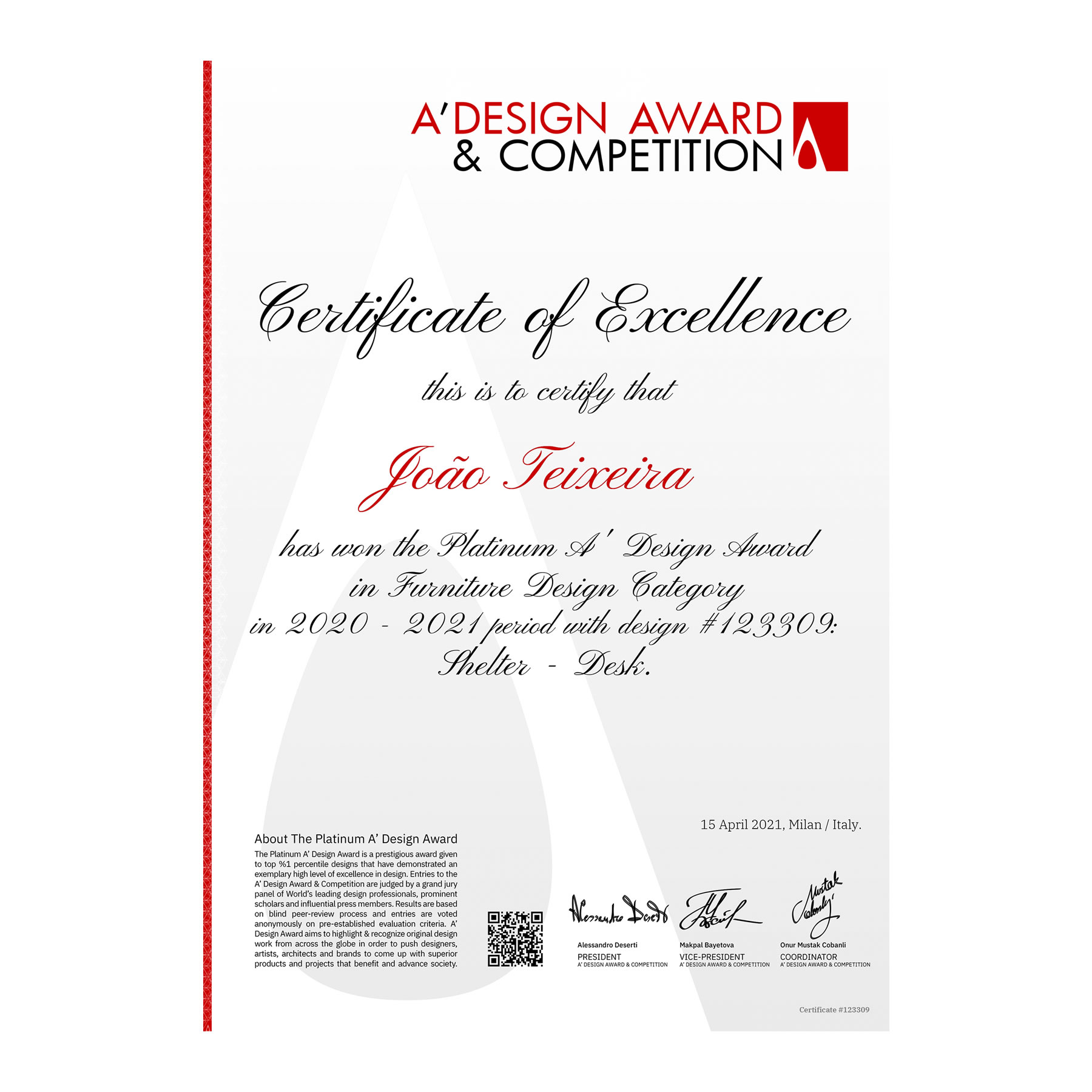 Certificato del Premio