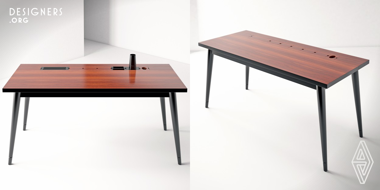 This table that designed for offices, offers the user a lot of opportunities for personalization. Strengthening the bond between the user and the product is crucial to the idea of sustainable design. 5040 different designs are offered with only the difference in arrangement. Considering the feature of hiding parts, 645.120 different table top designs are left to the user's choice. Thanks to two different coating suggestions in the design, a visually rich design and the ability to be suitable for the desired corporate identity were taken into consideration.