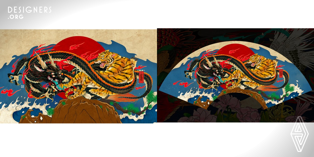 The legendary beast uses traditional elements in the design of the screen to form a unique illustration style, full of colors and composition. In illustration, the holy beast represents two sides of the world. The illustration shows the contradiction and coexistence of contradictory bodies through two kinds of animal eyes, and shows the different vision, and draws the waves and flowers and stones by traditional techniques to make illustrations decorative.