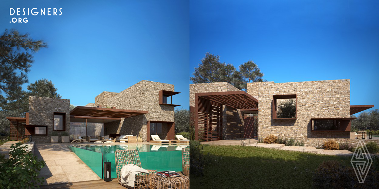 Alluding to the structure of a typical Mani village, the concept is conceived as a series of individual stone fragments revolving around the atrium, entrance and living spaces. The rough volumes of the residence open a dialogue with their natural surroundings, while the rhythm of their openings either ensures privacy or invites in panoramic views of the horizon, constructing a direct experience of successive and diverse narratives. The Villa is located in Navarino Residences, a collection of luxury villas for private ownership at the heart of Navarino Dunes resort.