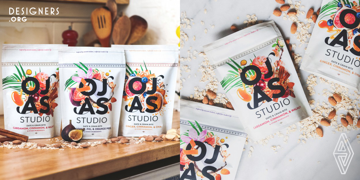 Ojas Studio is a food and lifestyle brand created for the modern yogi to spread the love and wonder of Ayurveda, an ancient Indian system of wellness. The 3 date and grain bite recipes are inspired by the 3 doshas. The ingredients on our packaging alongside color coding and icon systems aim to simplify which recipes might be best suited to each dosha. We worked to develop a system that felt approachable and modern, while honoring its ancient roots.