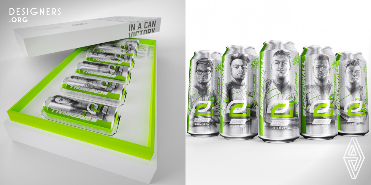 Mtn Dew AMP Game Fuel Optic Champions Ltd Ed Cans were developed as a show of love and dedication to the gaming community. MTN DEW adapted the flagship packaging design to reflect crucial aspects of the Optic Gaming team. The team is notorious for wearing Championship whites on tournament Sundays, so it was important for the color white to play prominently into the design. This led to a modern design with an all white background and pops of green.