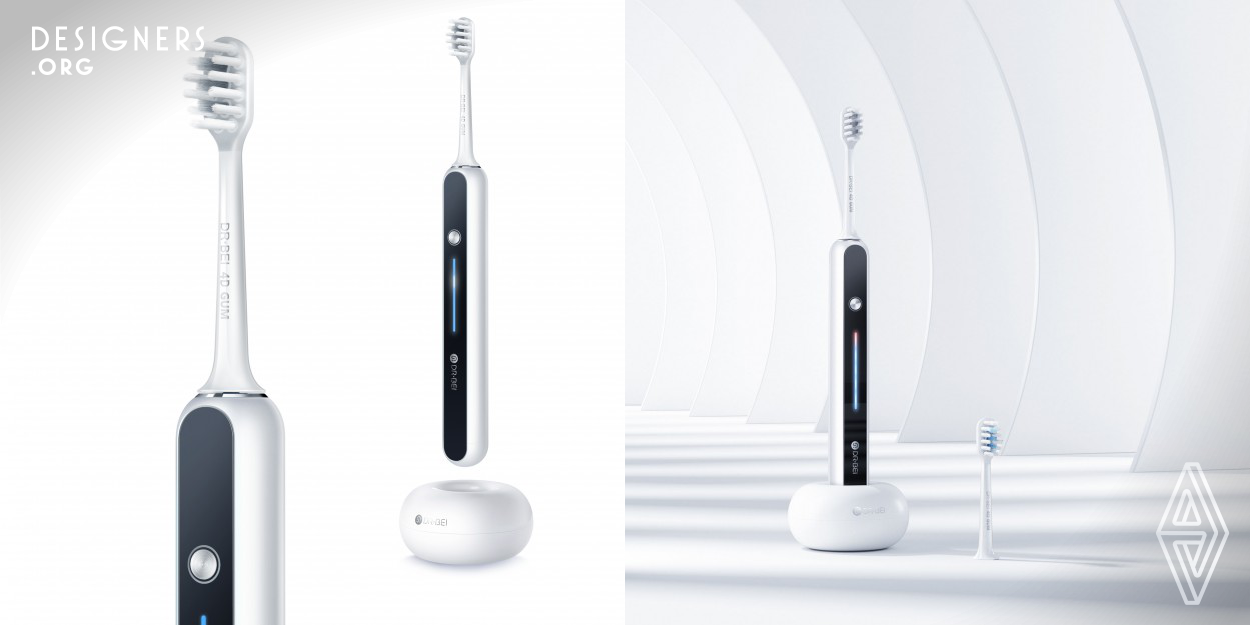 Inspired by octopus's tentacles, the product can be flexibly controlled to penetrate into various tooth corners, S7 has pioneered a 4D elastic brush head, which can bend elastically to deeply clean teeth while protecting consumers' sensitive gums. Applying the step-less acceleration principle of racing cars to the electric toothbrush, users can adjust the power of toothbrush step-lessly to meet various oral cleaning requirements. The simple and pure geometry matched with the glass panel integrates the interactive interface as one, realizing the perfect unity of function and form.