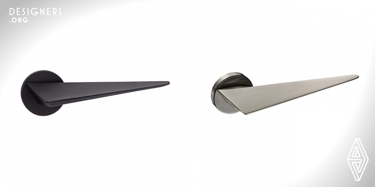 This handle is inspired by a single triangle.By designing a lever handle with the minimal element of a triangle, The designer had to sculpt the element to leave a powerful impression. The conventional neck and grip are well integrated into the design to retain the triangular theme throughout the lever handle. With this, every viewing angle of the lever handle would offer a view of triangular surfaces. 