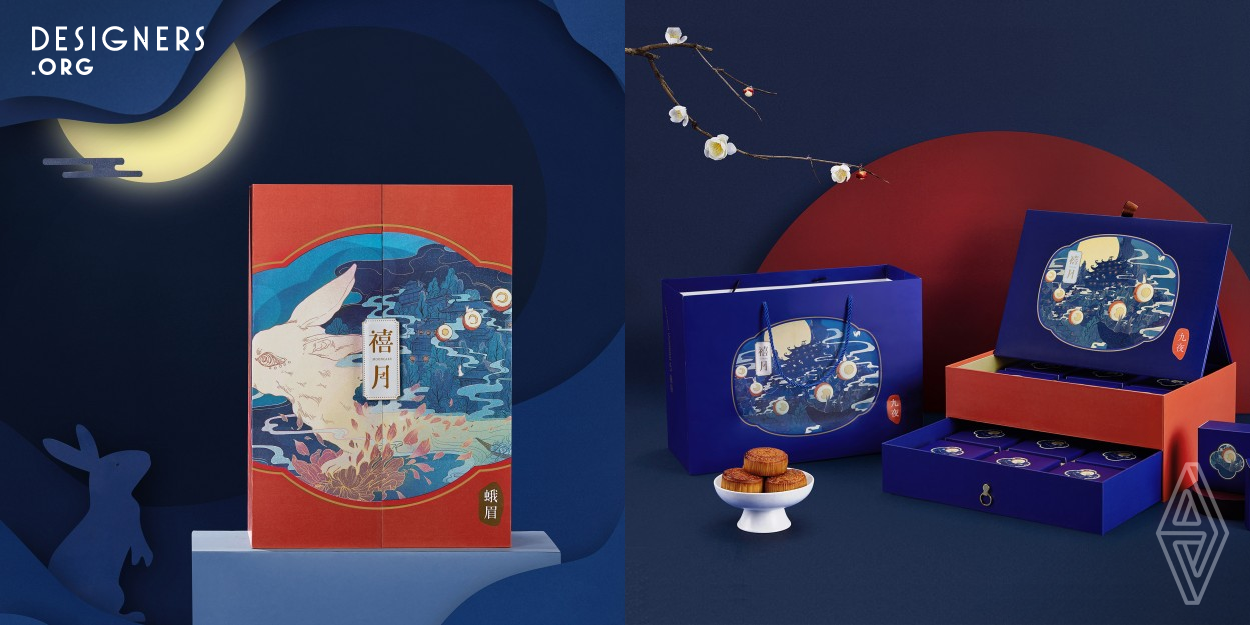 Happiness mooncake package is a set of gift pack, which consist five boxes with different structure and graphics. The Inbetween Creative design team depicted an image of how local people celebrate Mid autumn festival, by using Chinese style illustration. The illustration demonstrates local buildings and Mid-autumn activities, such as racing dragon boat, beating drums. This gift pack design does not only act as a food container but also a souvenir to promote the culture of Shien city.