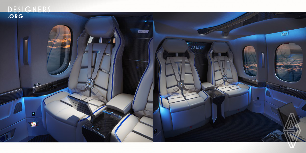 The design for this helicopter cabin is sporty and modern, inspired by the stylistic lines of high-end race cars. Styling is centered around the design of seats, integrating angular lines and a color palette ranging from beige to greys, mixed with black with blue accents. The overall design combines several technological features that aim at giving passengers a greater sense of comfort and physical interaction, as is the case with the ventilated seat bottom and backrest. The material mix combines Alcantara, leather and carbon-fiber composite, and contributes to the sporty luxury feel.