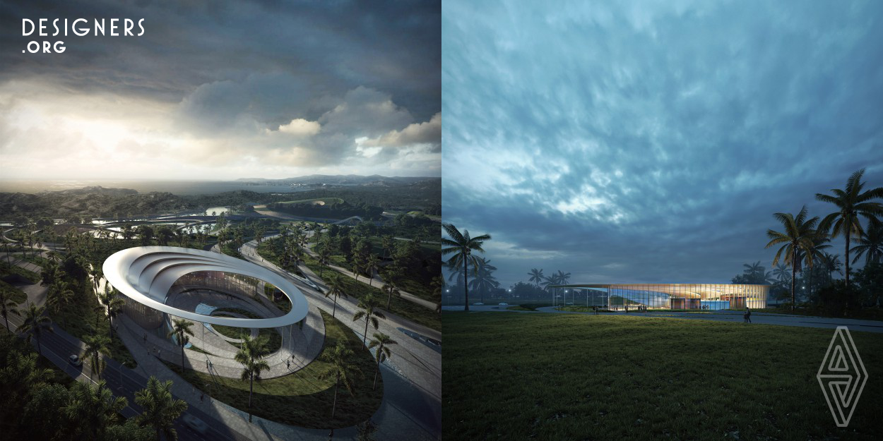 The visitor center was conceived by MUDA-Architects to blend the indigenous spiritual and cultural heritage by respecting coastal and tropical nature ecology of Haikou. Due to the conspicuous location, it was proposed in a catchy shape of an oval pebble for conforming to the context and becoming a landmark to unfold the cityscape. A mirroring form of the local traditional roof was created as a shelter from the tropical climate. Glass curtain wall installed with undulating sunshades, was adopted for facade to save energy, correspond to the coastal feature and provide spacious view to visitors.