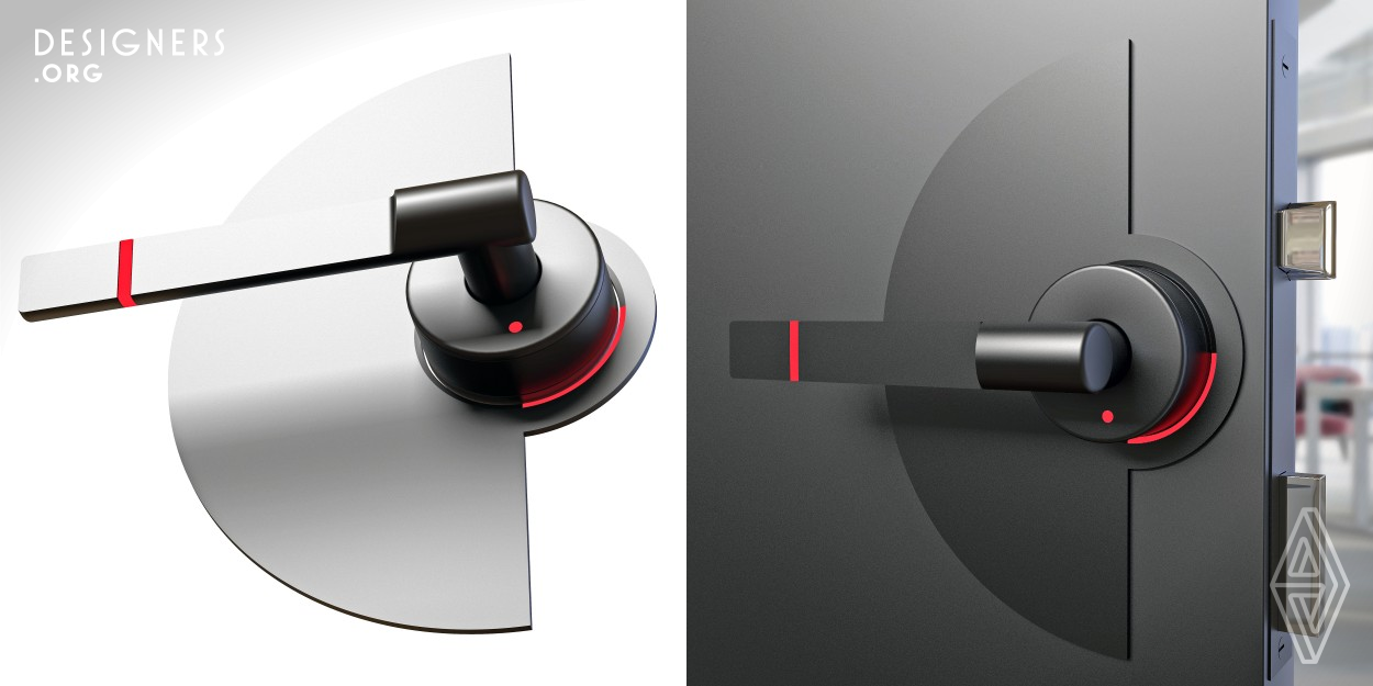 In today's world where products designed with technology are preferred, it is inevitable to associate technology with built-in products. Now, technology-friendly products create a warmer and welcoming feeling compared to the past. By this door handle design, besides providing a hightech identity to the doors as a part of a built environment, the door is locked by simply turning the illuminated circle without using a key with an ergonomic lock system. The light provided by the apparatus, it is understood whether the door is locked. The color of the light gives the design an aesthetic appearance.