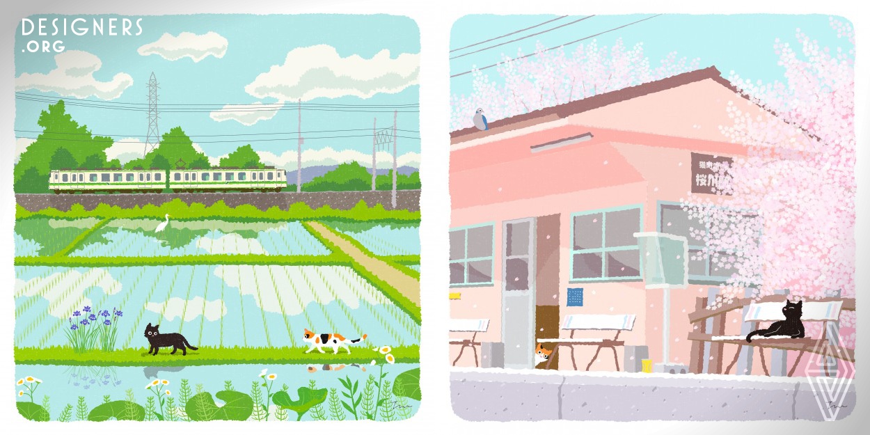 This series of illustrations was drawn by a Japanese illustrator, Toshinori Mori, for a calendar. Cats traveling are drawn with gentle colors and simple touches against the background of the four seasons of Japan. Illustrations are drawn in Adobe Illustrator. Although it is a digital illustration, it is designed to give a natural feel by adding fine irregularities to the contours and adding a texture like paper scraps on the surface.