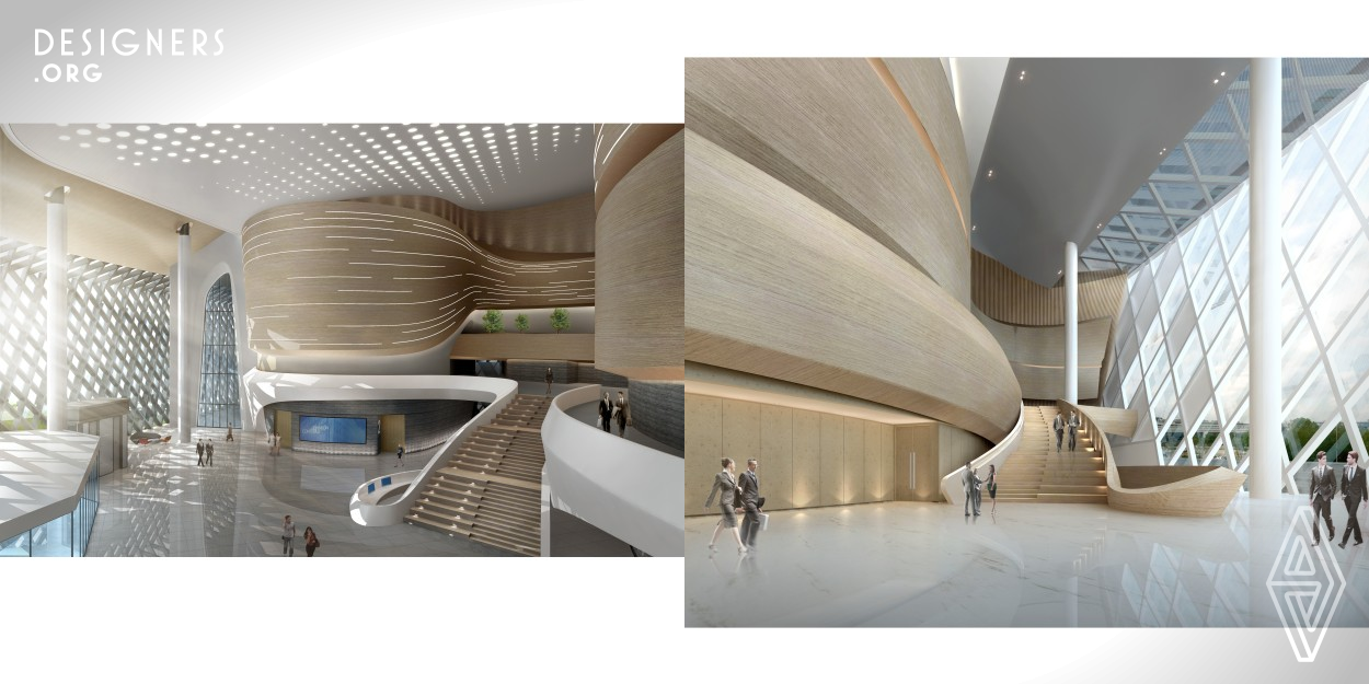 The whole project is based on the concept of green, sports and culture, and effectively contacts the building monomer of each plot. The interior design of the theater starts from the architectural form, with dancing ribbon as the design language of the space, highlighting the dynamic space atmosphere, and also echoing the flowing architectural shape. In terms of materials, bamboo veneer with warm color and marble with natural texture are used to balance the space block relationship in a simple way, reflecting the design concept of green and environmental protection.