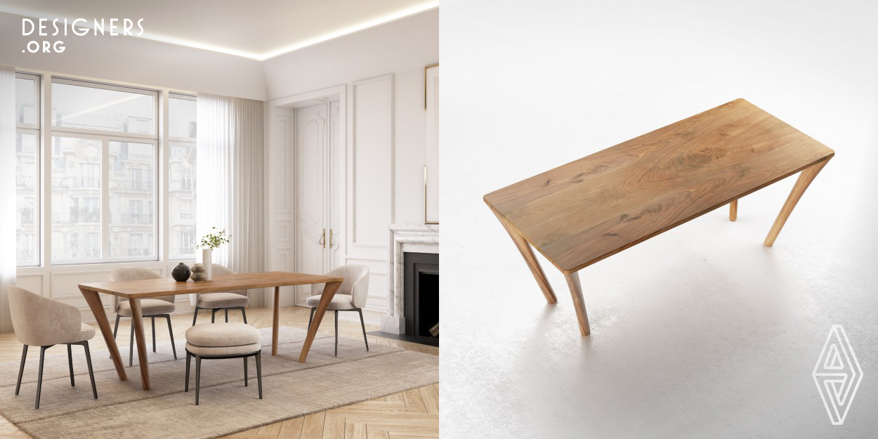 The Augusta reinterprets the classic dining table. Representing the generations before us, the design seems to grow from an invisible root. The table legs are oriented to this common core, reaching up to hold the book-matched tabletop. Solid European walnut wood was selected for its meaning of wisdom and growth. Wood usually discarded by furniture makers is used for its challenges to work with. The knots, the cracks, the wind shakes and the unique swirls tell the story of the tree's life. The uniqueness of the wood allows this story to live on in a piece of family heirloom furniture.