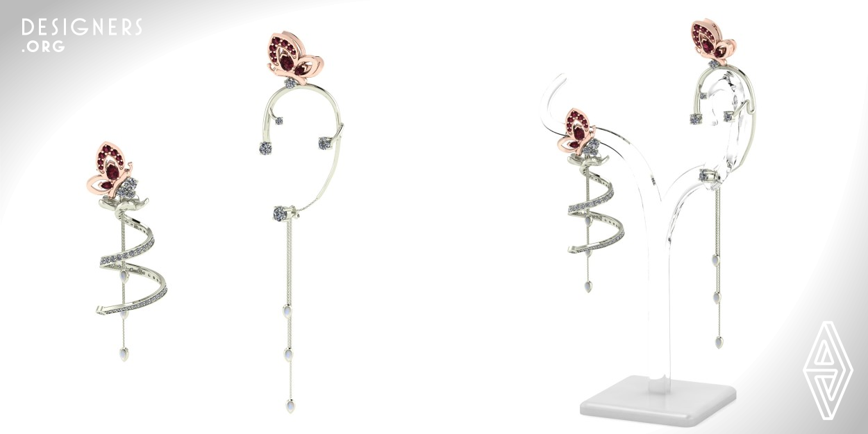 Throughout the design of this creative piece, Wonhee included many unique features. To ensure the cuff's security and comfort, an ear post was incorporated. She designed the butterfly's body as a rail to allow movement, giving the illusion of flight. In the earring, additional movement was added with the graceful, diamond-encrusted spiral, to finish this whimsical piece.