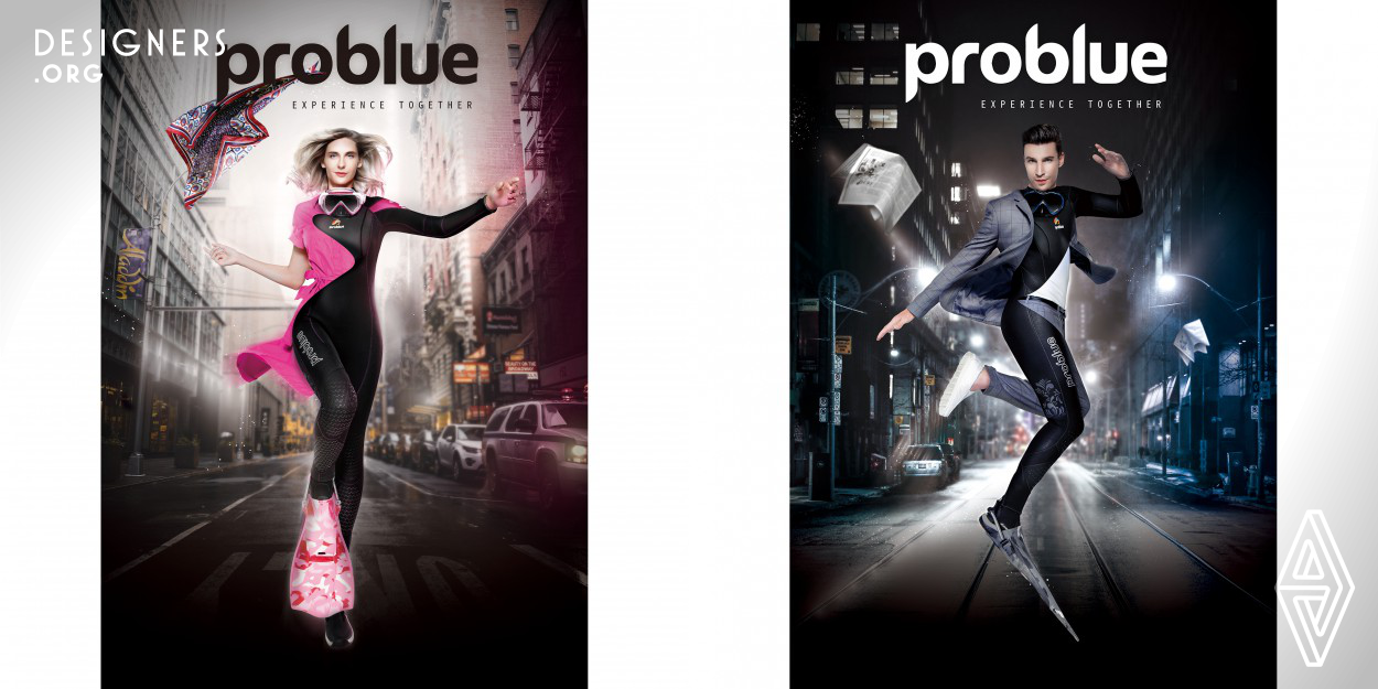 The concept of the posters related to Problue brand essence as diving and live. The transition process of clothes in style and diving suit on the same model emphasized the merge of diving and live. As the brand colors, gray blue was applied to gentlemen for elegance and the red was to the lady for charming. The camouflage fins emphasized the fact urban life was as full of movement as in nature. Different contrast were made on purpose to enhance visual experience, for example, fast and still, daily wear and diving suit, smooth and sharp, hero look and elegance. 