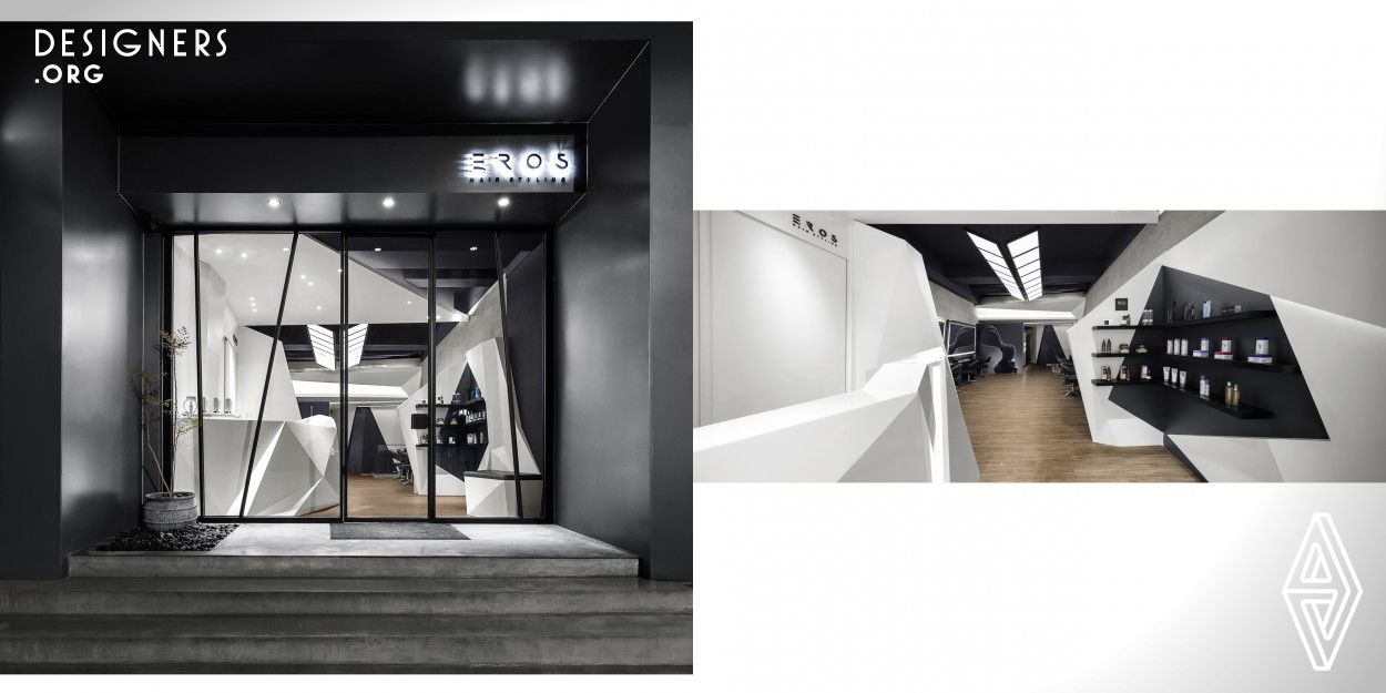 The hair salons is based on the geometry of black, white, and grey colors. The gestures of hair-cutting are translated into the massing of the sculptural entities. The triangular motif shapes the functional cubes and planes from ceiling to floors through the actions of piling, cutting, and sewing. The light bars embedded in the dividing lines contributes to numerous lighting belts, serving as supplemental lighting while solving the condition of the lowered ceiling. They extend and meander with the reflection of the large mirror, shuttling freely between the planes and the three-dimensionality.