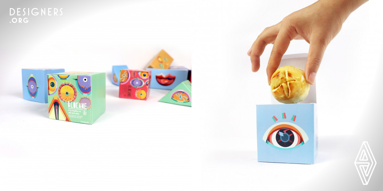 She designed is a package of pastries, which is used as gifts to families with children 2 to 3 years old at the festival. It is inspired by the building blocks, and the monster's features are designed on the surface of the building blocks. The packaging box can be recycled and turned into building blocks, and through the monster's facial features on the packaging box, eyes, nose, mouth, and multiple combinations can be used to pile up what he thinks is a monster's face , like making Frankentense Like scientists, inspire children's imagination. 
