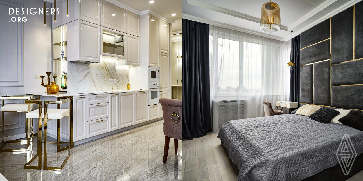 Location: Ukraine, Kiev Year of implementation: 2019 Total area apartment: 64 square meters The SKS studio team completed the design project and turnkey repair of an apartment of 64 square meters. As a result, the apartment has a kitchen studio of 33 square meters, a bedroom, two large closets, a dressing room at the entrance, a bathroom. The repair is made in the style of modern classics with elements of gold. The walls of the apartment were decorated with paintings by Ukrainian artists.