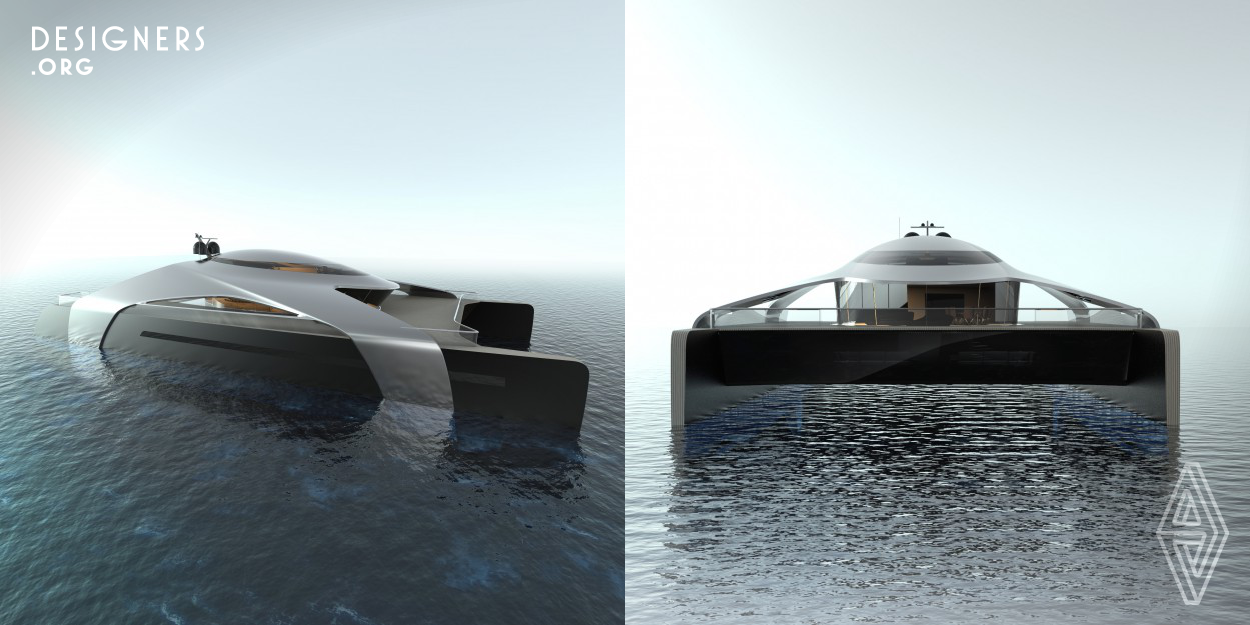Migma is the Greek word for mixture, an evocation to the life of the sea through structural bionic elements where the rationality of the technique is mixed with the fluidity of nature, represented by this noiseless hydrogen-powered 180 feet electric catamaran as a living entity that furrows the seas with zero emissions. Migma catamaran is based on a minimalist and high-end aesthetic, creating a new way to understand spaces within a catamaran, where the core structure is located in the middle and all elements grow from it. 