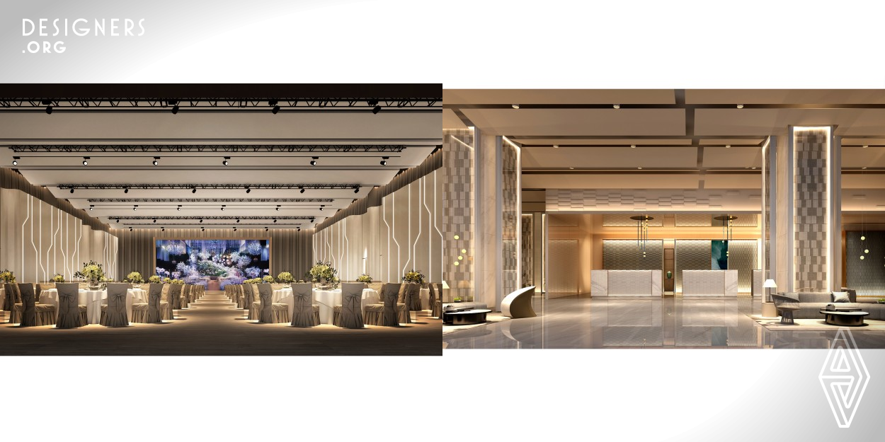 In this case, the designers introduce the concept of city living room, with modern style combined with humanistic temperament. Designers introduce the streamline elements of architecture into the interior, and incorporate the characteristics of the adjacent oceans of Qingdao. The design of the guest room continues the avant-garde design of the lobby and banquet hall. The ceiling of the banquet hall is also a fold-over design, the wall is decorated with vertical stripes, simple and stylish, and unified with the outer building and the overall interior space.