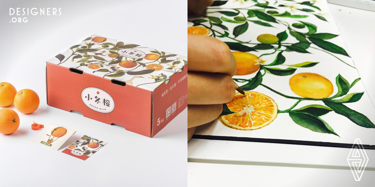 The design is to promote the orange, named winter naval, produced from an organic farm. The package includes two sizes of cardboard boxes, information card, envelope for orange peeler. The winter naval can only be picked after the baptism of the four seasons. the challenge of the design is to illustrate the significance of the elongated growth routine and different form of an orange tree during four seasons on the package. The design team came up with a drawing that was inspired by the tale of jack and beanstalk. Emphases on the notion of harmony between nature and mankind.