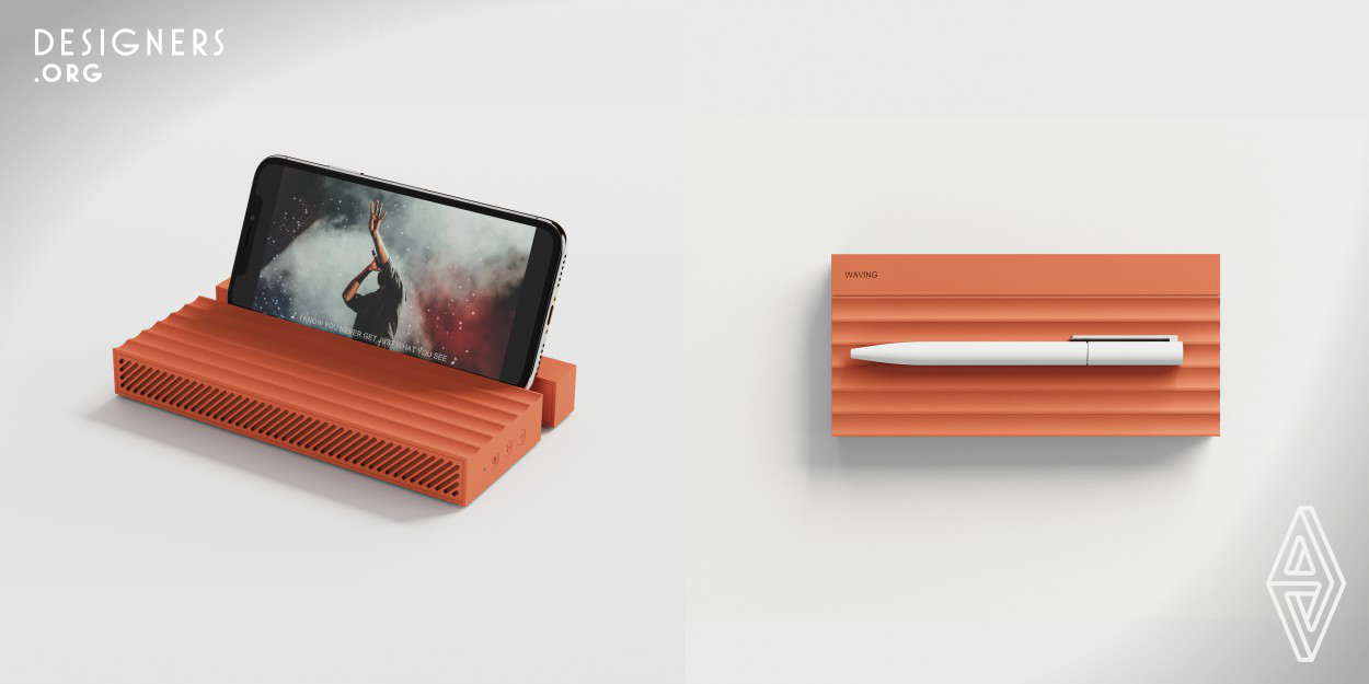 The design combines speakers and desktop storage. People can pull away the back of the speaker to put the phone. People can connect the speakers through the Bluetooth of the mobile phone, and enjoy the music of the speakers while watching the video. Some desktop items can be placed on the speaker to help people organize the desktop.