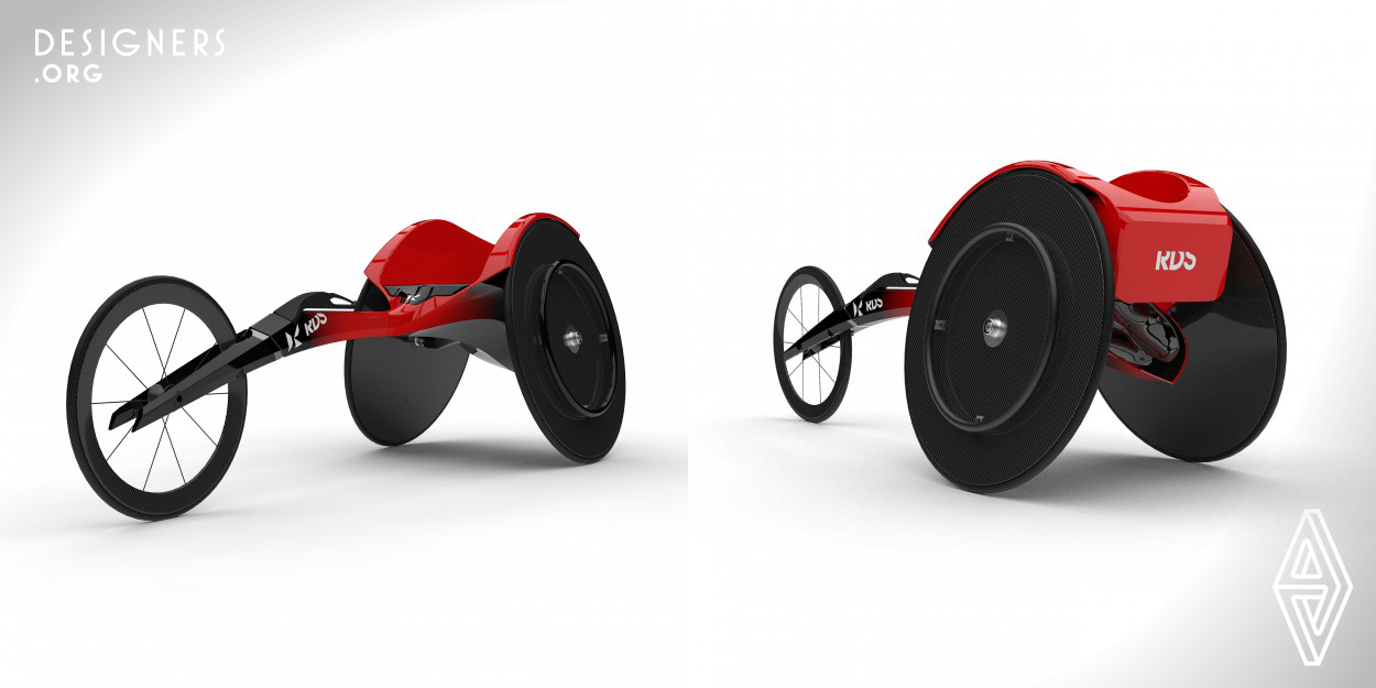 A Racing wheelchair developed and designed to maximize the athlete's own abilities and improve competitive performance. The design focusing on the short-distance event is ultra-lightweight, high-rigidity and high acceleration, while improving body hold and stability when cornering. The seat position is determined by the seat position simulator SS01, including the optimization of the pushing of the players, and the manufacture is done order made.