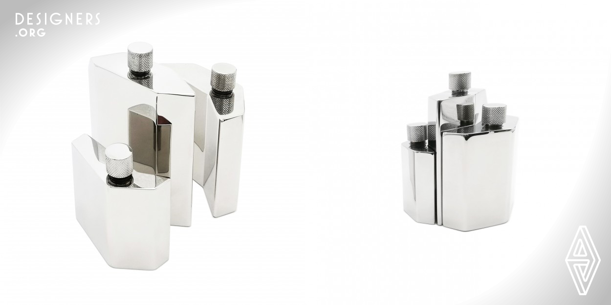 Composed of three irregular geometrical flasks, the fragmented family has its unique design character. Each flask is designed as a fragment, when the three flasks are put together, they are formed an art block and sculpture. The designer has put emphasis on artisanal craftsmanship with delicated mirror finish on the exterior, and using stainless steel grade 18/10. The ingenuity of the design makes it collectible for showcase and also a collection of travel necessities.