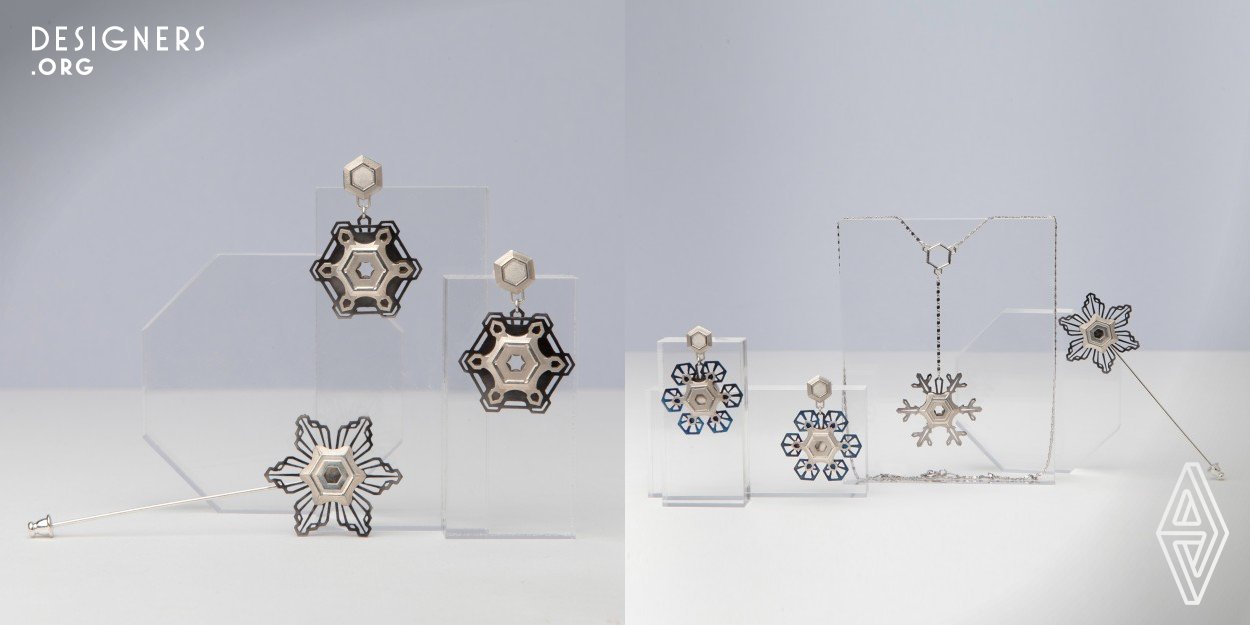 Freeze jewellery collection was inspired by the diversity of snowflakes. It's impossible to count variety of these nature-made fractals. So designer wanted to create something that can be transformed many times and each combination can be different. Original form of every snowflake is hexagon, so the core element has hexagon form as well.  This design represents jewellery constructor set which can be transformed to a brooch, earrings or pendant. Magnetic lock in the center has 4 different patterns and can be combined with 4 types of delicate titanium plate.