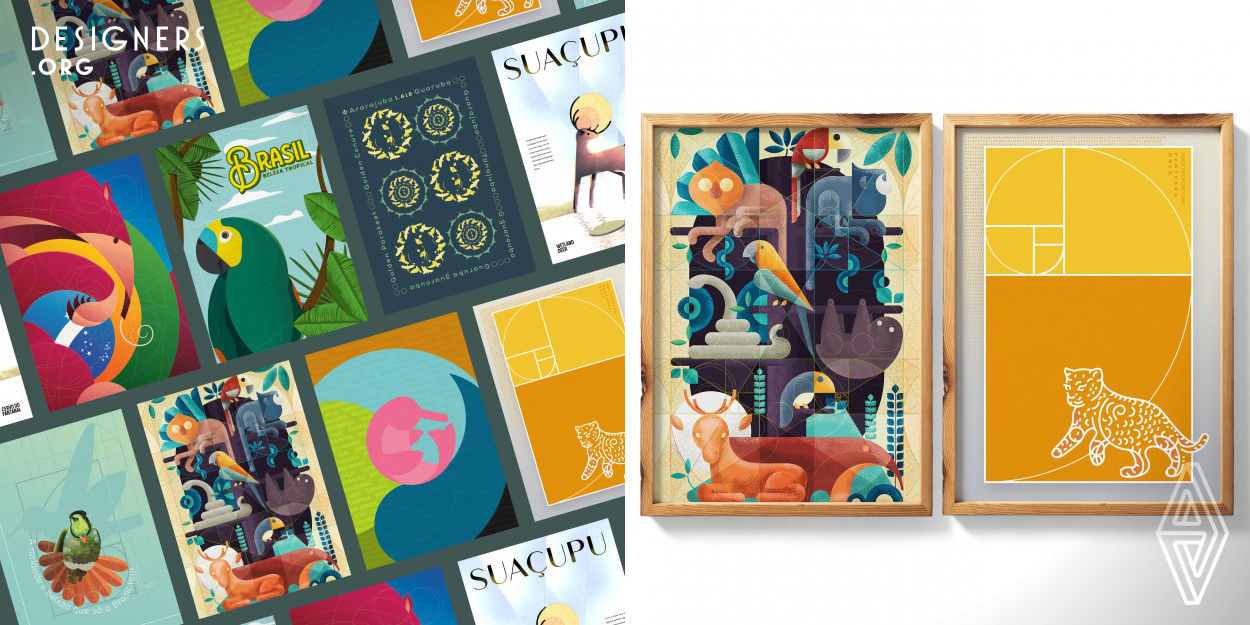  Inspired by Brazilian nature, these posters explore the possibilities of the Golden Ratio when applied to graphic design, thus representing the diversity of fauna and flora in Brazil through symbols and illustrations. The different techniques used here are based on Phi calculations (1.618) for the creation of guides, hierarchy and elements that make up the pieces.