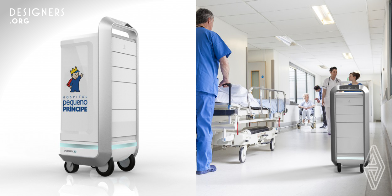 Autonomous navigation robot for hospital logistics. It’s a product-service system to perform safe efficient deliveries, decreasing the health professional’s chances of being exposed to get sick, restraining pandemic diseases between hospital staff and patients (COVID-19 or H1N1). The design helps to handle hospital deliveries with easy access and safety, using uncomplicated user interaction through the friendly technology. The robotic units have the ability to move autonomously into indoor environment and have synchronized flow with similar units, being able to robot team collaborative work.