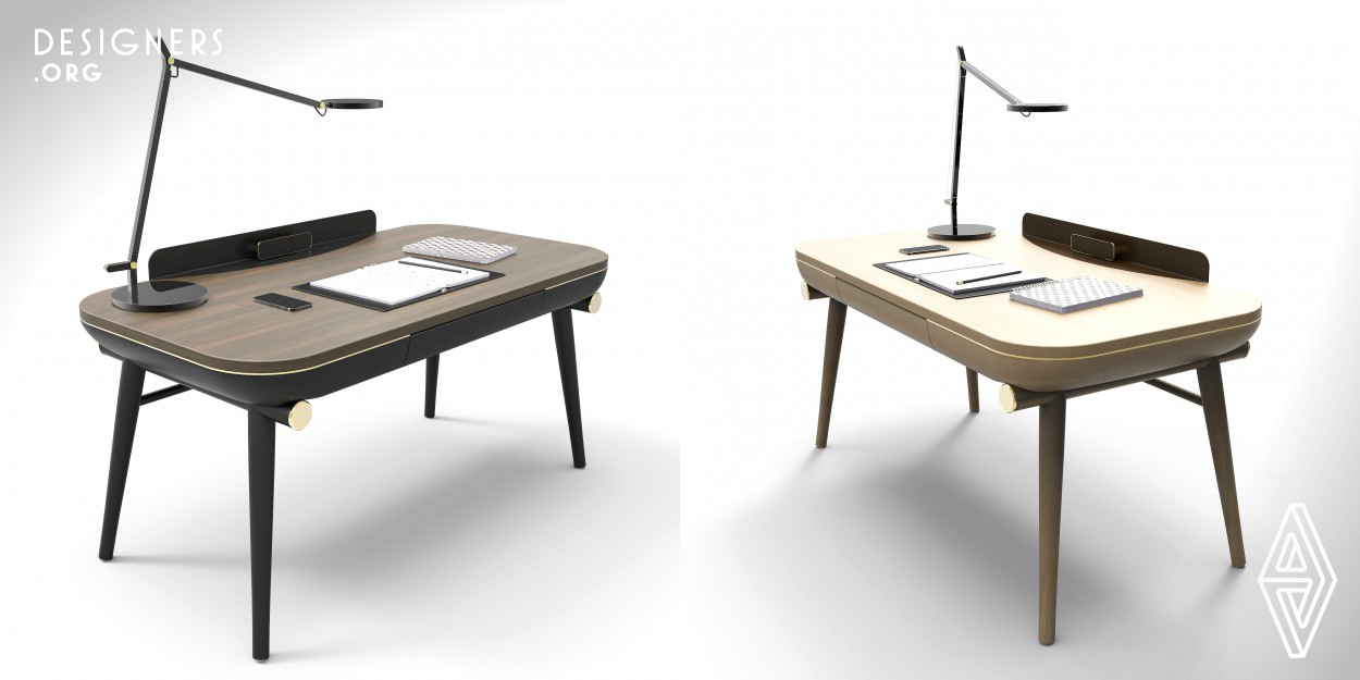 This design is a writing desk, for those who like simplicity. Its shape evokes the silhouette of wooden boats on Mekong Delta. Besides showing the traditional carpentry technique, it also shows the possibility of mass production. Materials used are combination of natural wood, fine metal details and roughness of the leather. . Dimension: 1600W x 800D x 762H.