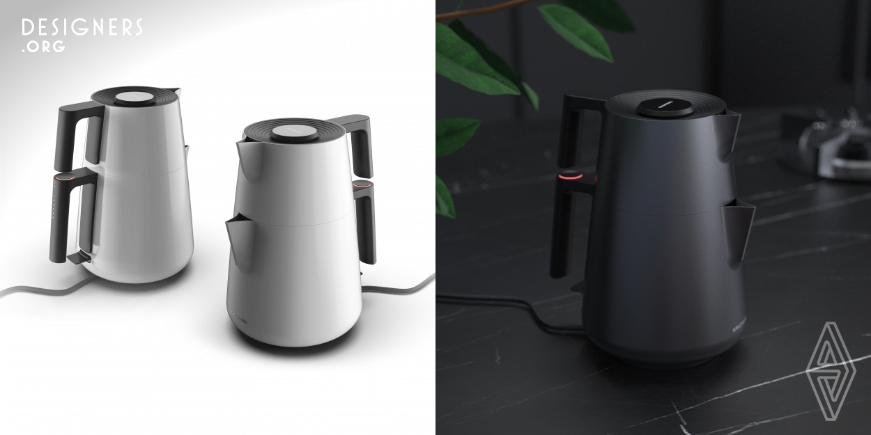 Serenity is a contemporary tea maker that focuses on joyful user-experience. The project mostly focuses on aesthetic elements and user experience as the main aim suggests product to be different from the existing products. The dock of the tea maker is smaller than the body which allows product to look over the ground that brings unique identity. Slightly curved body combined with sliced surfaces also supports the unique identity of the product.