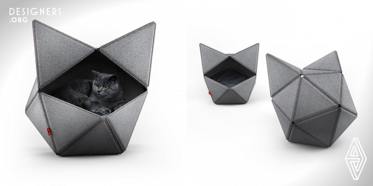 When designing Catzz cat bed, the inspiration was drawn from needs of cats and owners alike, and need to unite function, simplicity and beauty. While observing cats, their unique geometrical features inspired the clean and recognizable form. Some characteristic behavioral patterns (e.g. ear movement) became incorporated into cat's user experience. Also, bearing owners in mind, the aim was to create a piece of furniture they could customize and proudly display. Moreover, it was important to ensure easy maintenance. All of which the sleek, geometrical design and modular structure enable.