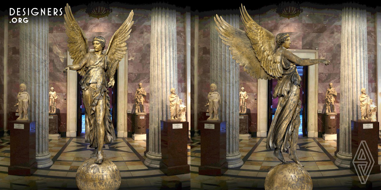 3D visualization is aimed to represent the famous bronze Victoria Calvatone Statue in a Roman Courtyard of The Hermitage Museum. The 3D-model has a real representation of the aging metal of the statue, its conservation stage and the design of a hall with ancient interior. The exposition is dedicated to the end of the restoration process of Victoria Calvatone Statue and celebrates the return of the whimsical goddess as an important monument of world culture. 