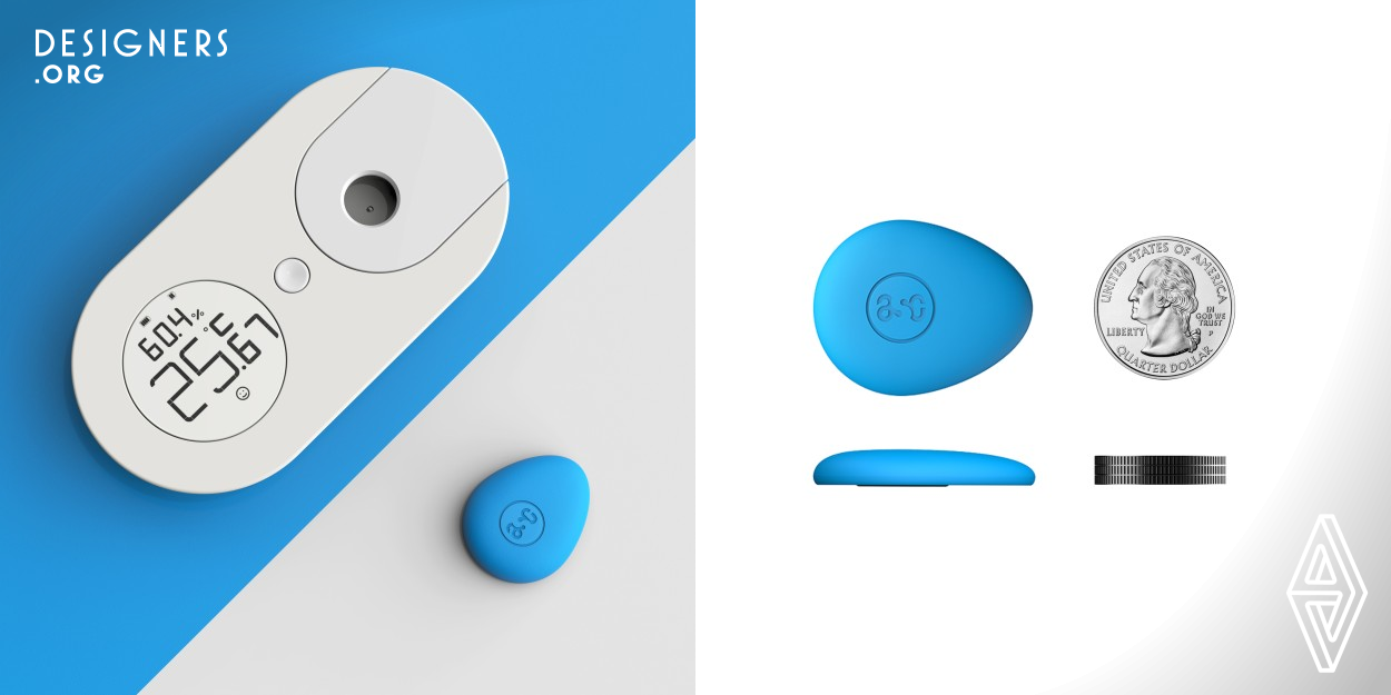 This Zhiwen set offers a comprehensive solution for providing users with body temperature, air quality, and humidity data. The water drop blue patch is an iconic symbol for the next-gen of thermometers. It stands out to kids and parents alike. The designer and engineers also push Zhiwen set outside of the current medical device stereotype based on a better understanding of technology components performance request and scope. The designer creates the water drop patch sitting inside the pill-shaped device is in favor of reducing user anxiety and reveal ease use functionality. 