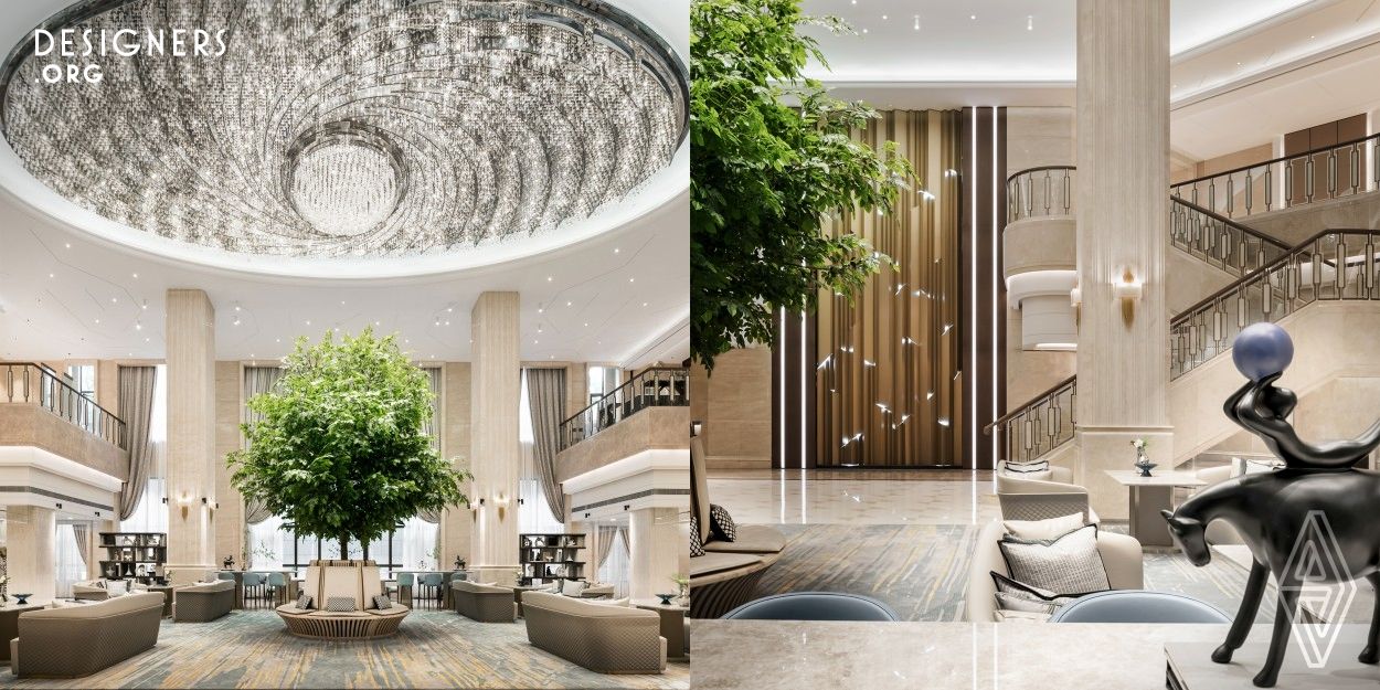 The project is located in Shanghai and was designed by the issi team. Describe what is seen, Issi maintained the original space atmosphere, showed the spatial landscape of the indoor garden through trees, and completed the space renovation plan. Ivory marble shows a sense of rhythm. The design creates an elegant and refined space.