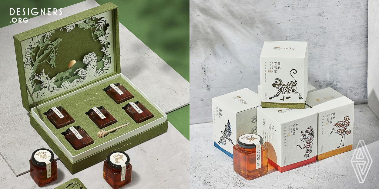The design of the honey gift box is inspired by the "ecological journey" of Shennongjia with abundant wild plants and good natural ecological environment. Protecting the local ecological environment is the creative theme of the design. The design adopts traditional Chinese paper-cut art and shadow puppet art to show the local natural ecology and five rare and endangered first-class protected animals. Rough grass and wood paper is used on the packaging material, which represents the concept of nature and environmental protection. The outer box can be used as an exquisite storage box for reuse.