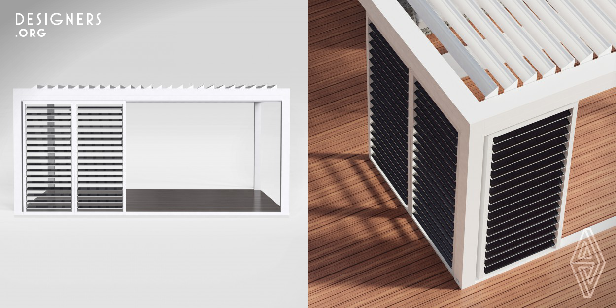 The Energola side shutter is a multi-functional product dedicated to pergolas, balconies, and glazed spaces. Energola allows to use of the building surface and its surroundings for energy production. In addition to the sun protection function, energola also produces energy. Each individual wing has a micro photovoltaic panel. the shutter has the ability to move and each of the wings is movable which gives many adjustment possibilities.