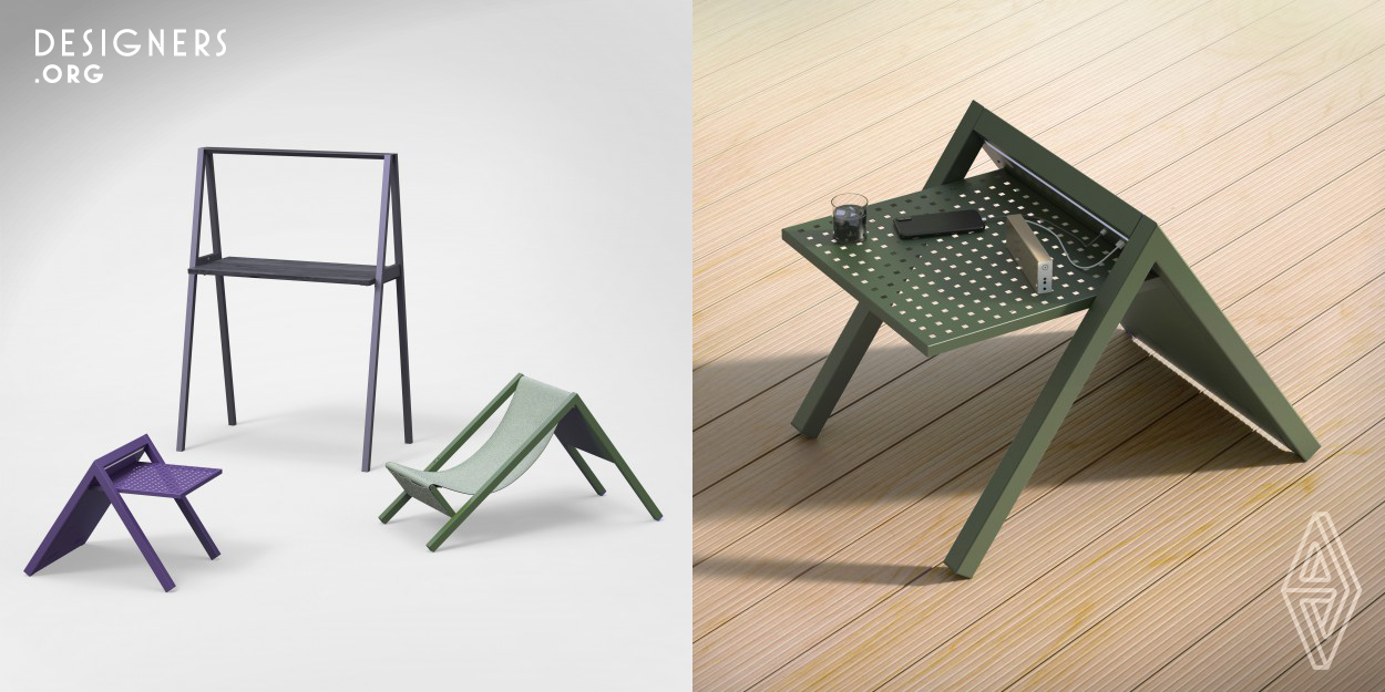 The Sola garden furniture collection is a series of multifunctional products that will help charge mobile devices anywhere using the energy generated by the solar panel. The collection consists of a coffee table, deckchair and high table, each product has additional lighting and USB charging ports. The panel size has been optimally fitted for energy needs, which is why the SOLA products are independent and ecological. The minimalist look, high functionality and lightness of the construction make the sola collection ideal for the garden, restaurant, cafe. 