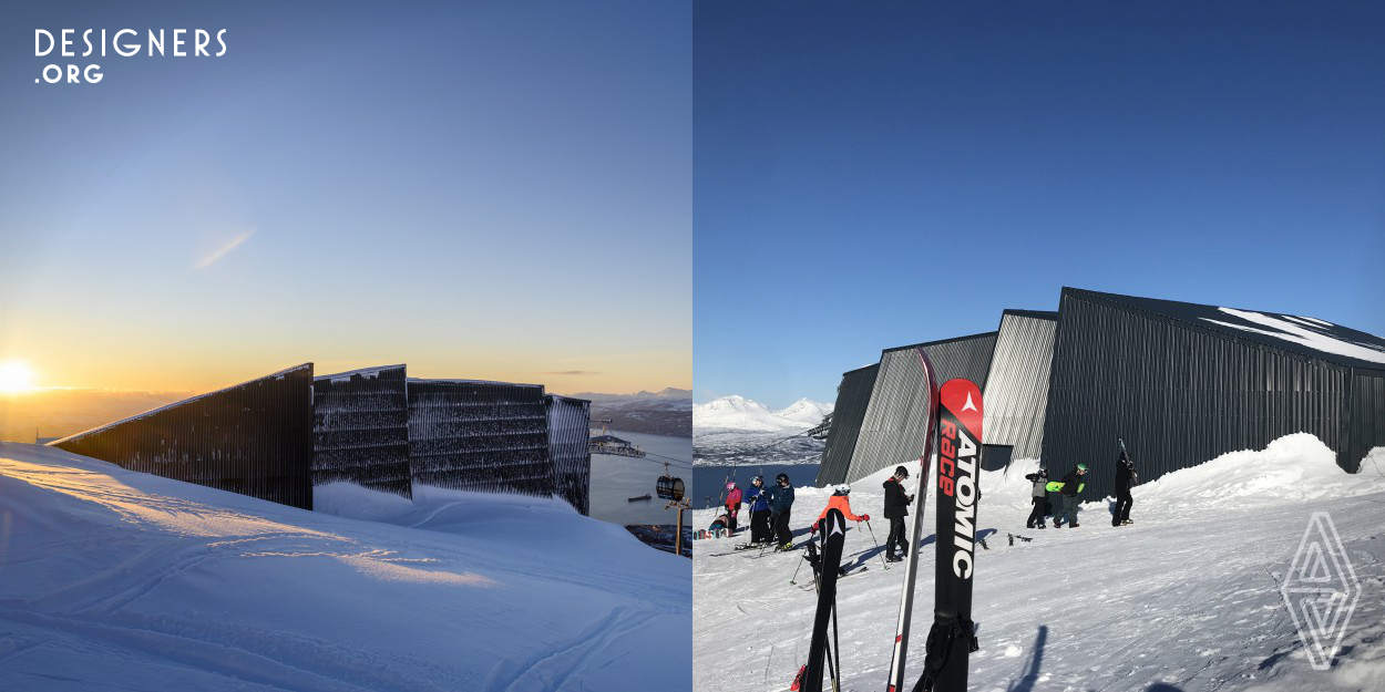 The Narvik ski resort is located directly above the city centre and is characterised by a very steep height to length ratio - from a 1000 meter above sea level all the way down to the sea. The new gondola brings the skiers up to the mountain top. The gondola top station is custom designed for the gondola functional requirements and the harsh climatic conditions, but also to form an integrated part of the overall Narvik Arctic Resort design strategy.