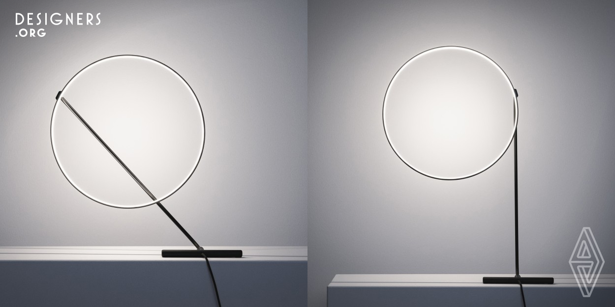 The acrobatic appearance of Poise, a table lamp designed by Robert Dabi of unform.studio shifts between static & dynamic and a big or small posture. Depending on the proportion between its' illuminated ring and the arm holding it, an intersecting or tangent line to the circle occurs. When placed on a higher shelf, the ring could overhang the shelf; or by tilting the ring, it could touch a surrounding wall. The intention of this adjustability is to get the owner creatively involved and play with the light source in proportion to other objects surrounding it. 