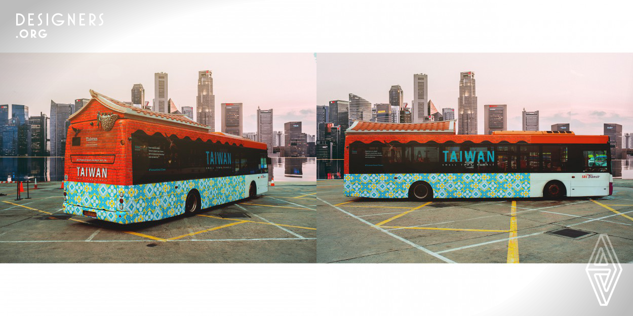 Taiwan Tourism Bureau unveiled 2019 campaign to promote small indigenous towns in Taiwan. The first-ever 3D Traditional Taiwanese House bus will roam the streets of Singapore, offering the residents and the tourists a brand-new vision of the charm of Taiwan. The 3D installation art with a swallowtail roof of local architectural style on the top and the decorative tiles with floral patterns on the bottom half of the bus are both iconic imageries of traditional towns. The nest of swallow, a symbol of opulence and prosperity, is brought to life on the Traditional House Bus. 