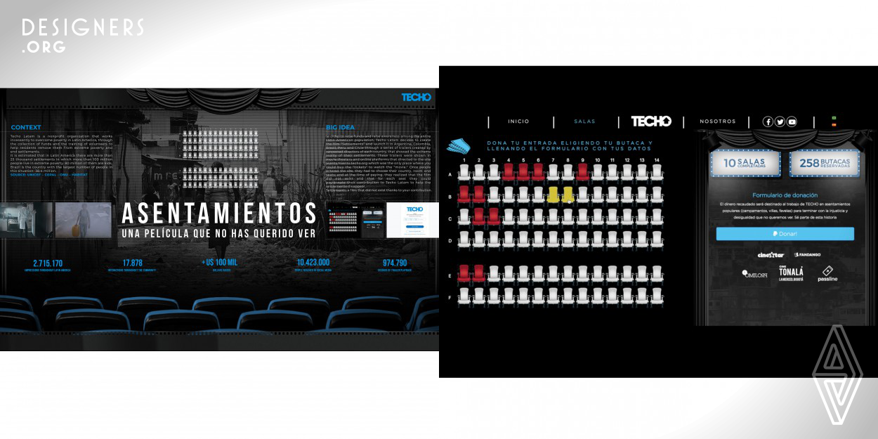 Settlements are a reality throughout the world and especially in Latin America. This advertising design seeks to collect funds in a different way and does so by launching a film that ultimately did not exist. To get a ticket, people had to go to the movie's website to buy their tickets and when they did they realized the movie didn't exist, so they could donate their money to the foundation.