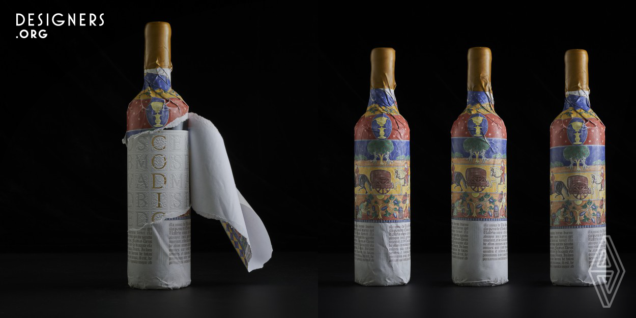 This wine design is a classic piece with a renewed treatment, which captures the meaning of the name. Large embossed drop cap letters build the delicate and sensory label surface, almost sculpted on paper. The graphic universe of the codex books is very rich in elements and allowed to build the different pieces of the bottle, from the capsule to the outer packaging. For the latter, a great illustration describes the vintage and the elements of the family heraldic shield, in a classic and colorful narrative, covering the piece that is gradually discovered by the user.